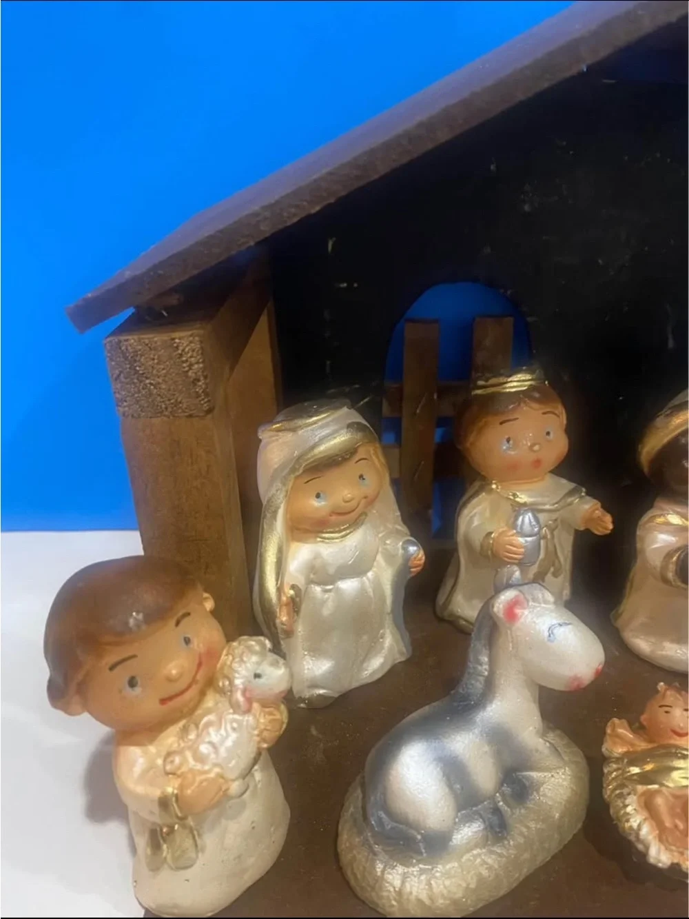 Vintage sears kids nativity set with wooden manger